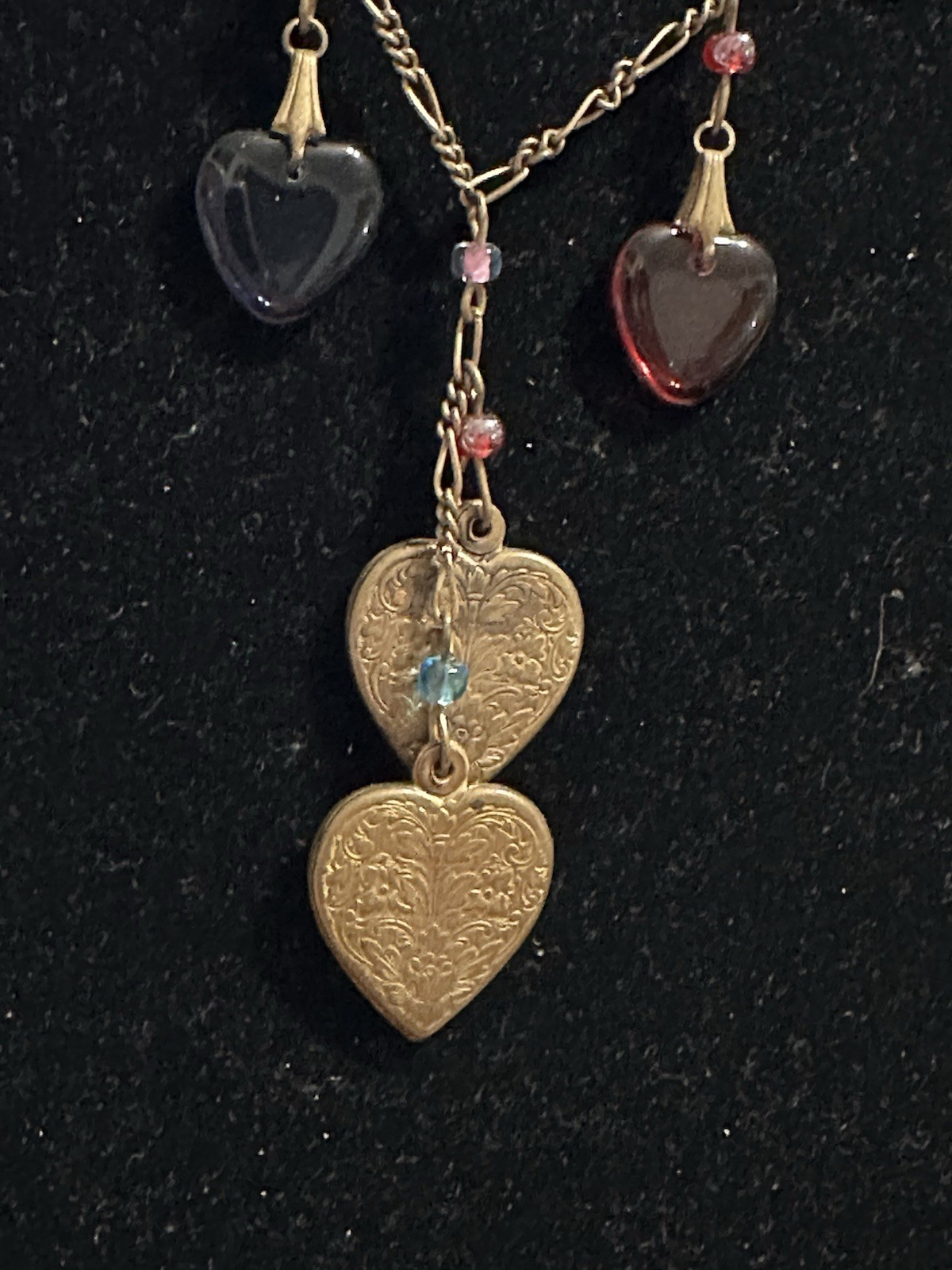 Vintage Glass Works Studio Glass & Brass Heart Charms Multi Color Necklace