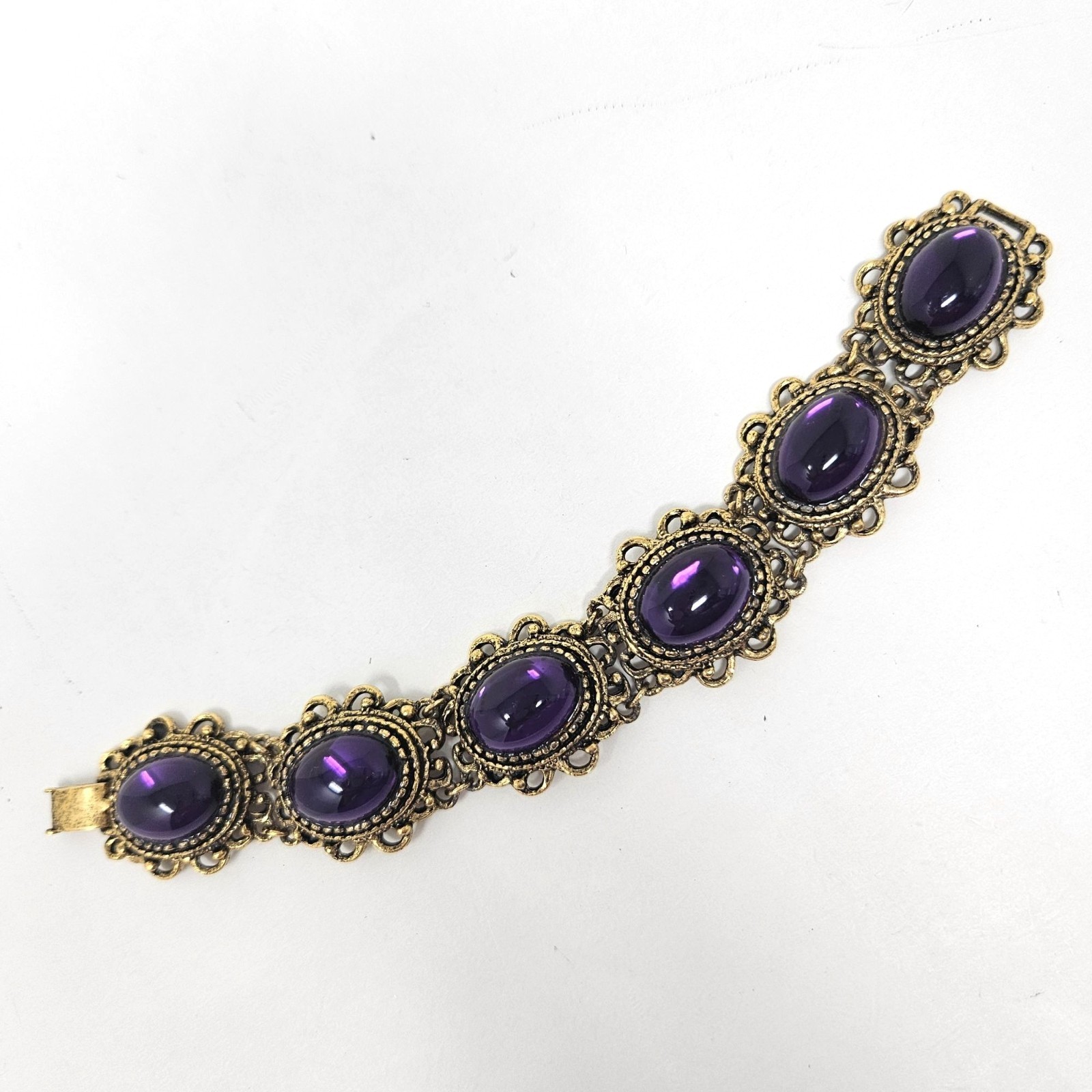 Vintage Antique Gold Tone Purple Lucite Link Bracelet