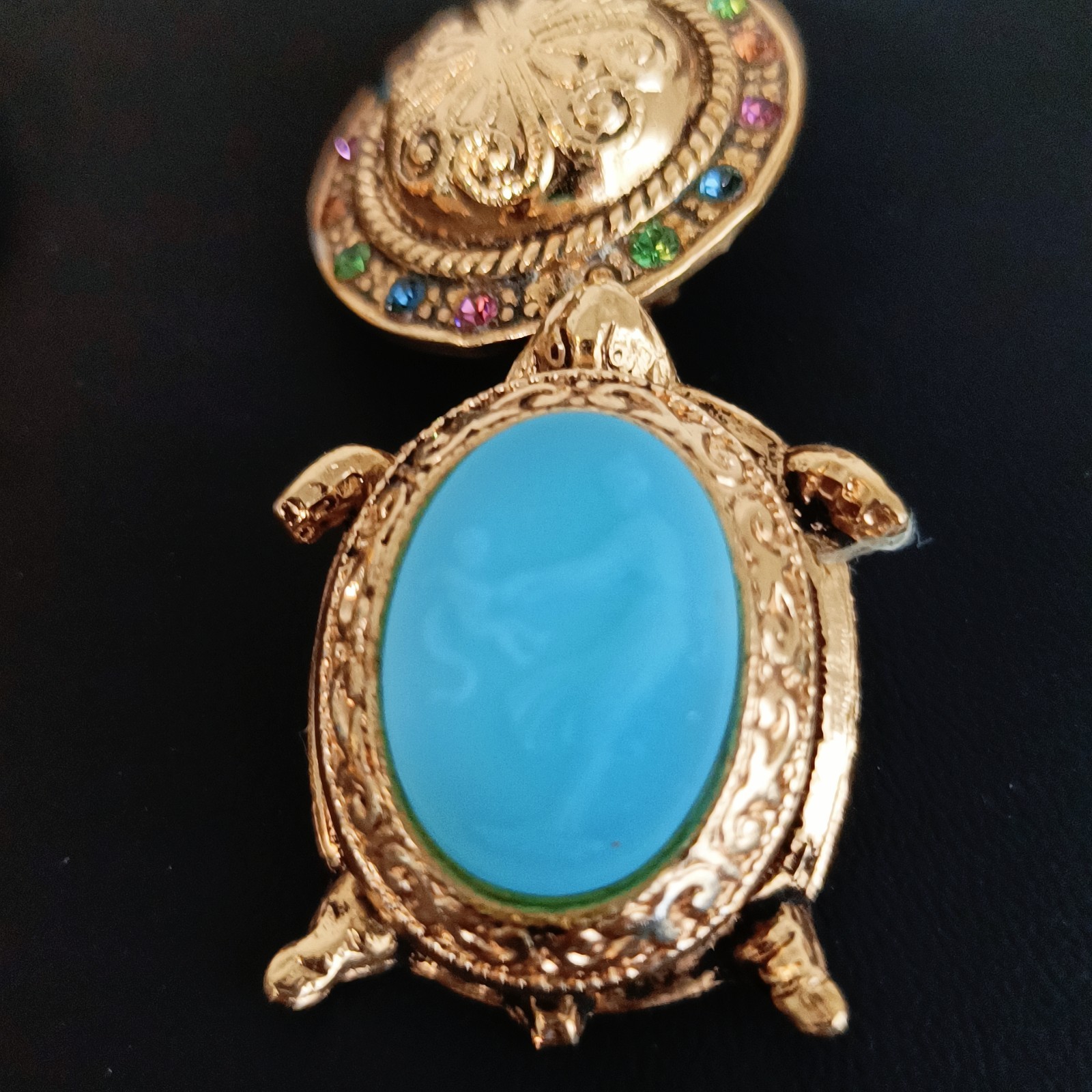 Vintage Zoe Coste Turtle Earrings France Blue Glass Rhinestone Gold Tone