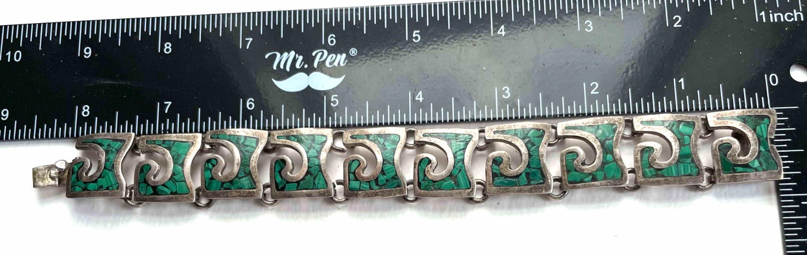 VTG Mexico Bracelet Sterling Malachite Chip Large Wrists 8″ 64g Modernist 1940s