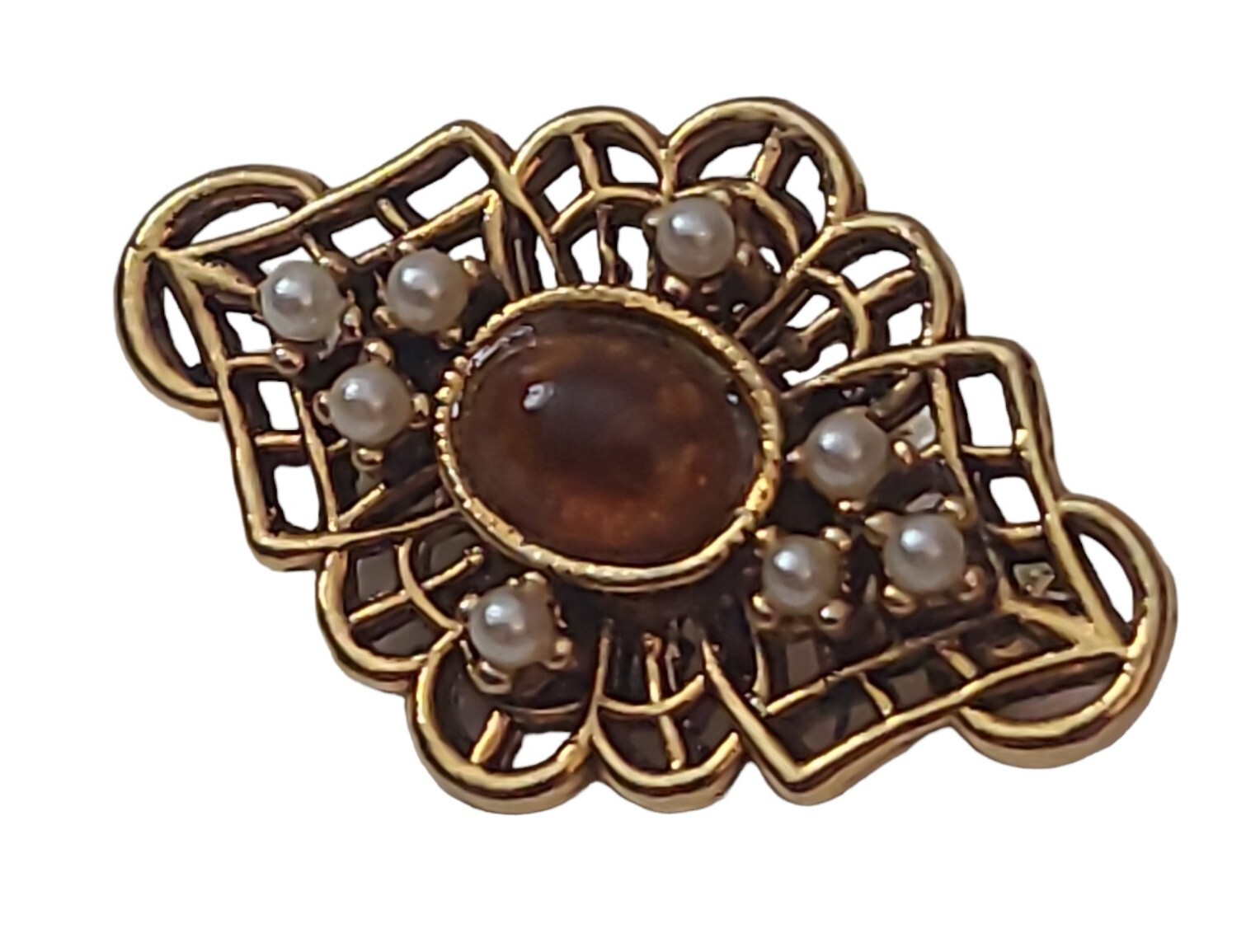 VTG TACOA Faux Pearl Gold Tone Metal Ornate Oval Brooch Pin Amber Color Stone