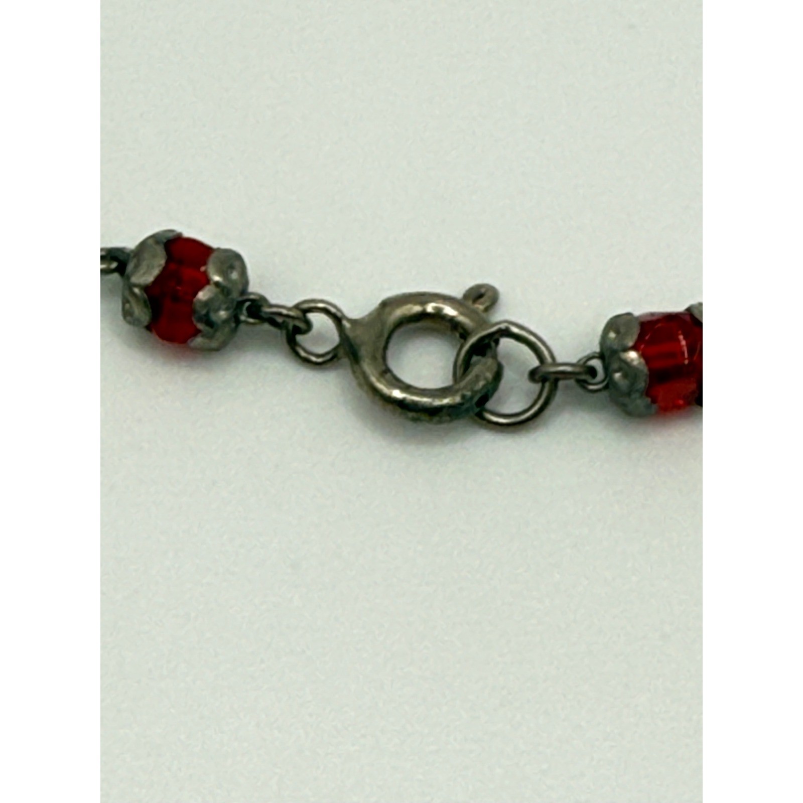 Vintage Red Glass Fringe Bib Necklace Silver Tone Beaded Art Deco