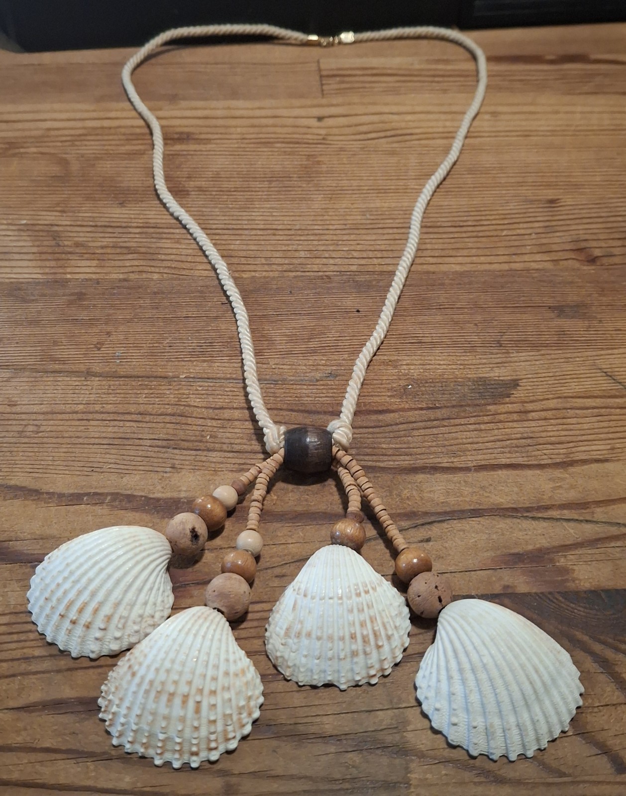 Vintage Boho Shell Necklace Wood Cork Bead Coastal Beach Statement 32”