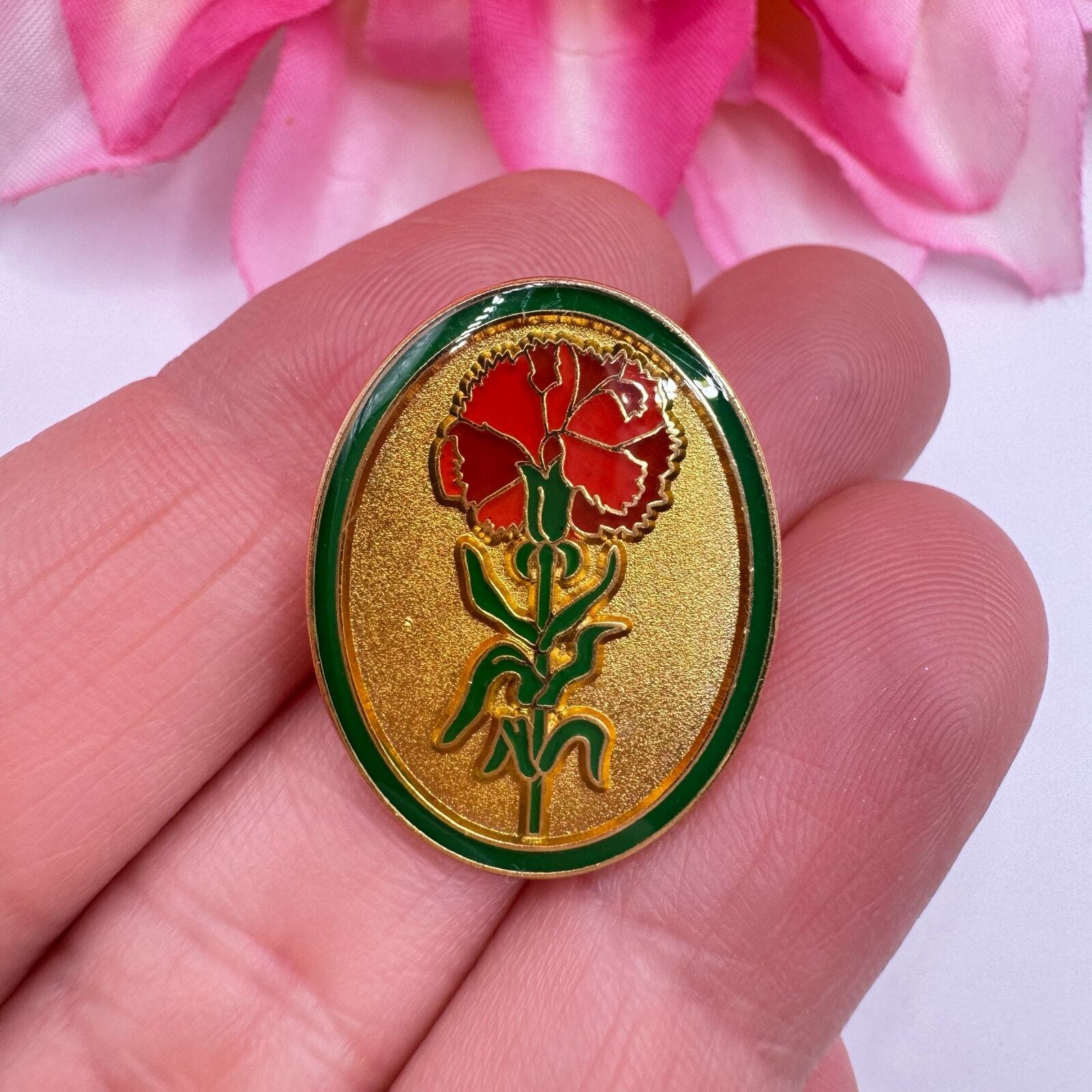 Vintage Red Carnation Flower Lapel Pin Valley Casting Signed Oval Enamel Lacquer