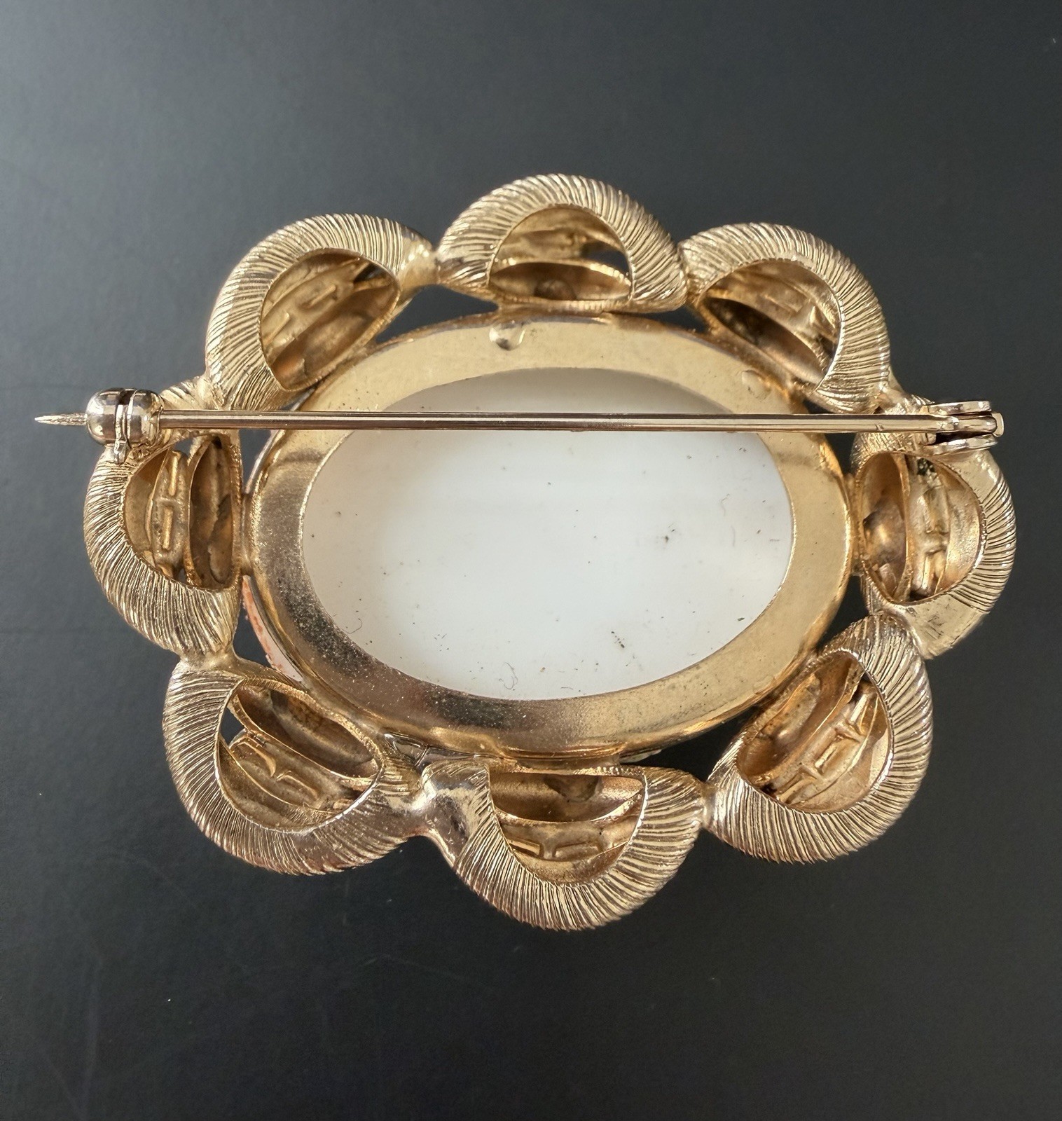 Vintage Easter Egg Orange Glass Cabochon and Clear Crystal Gold Tone Brooch