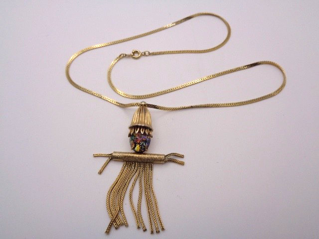 Vintage Signed WARNER Foil Art Glass Scarecrow Dangling Foxtail Pendant Necklace