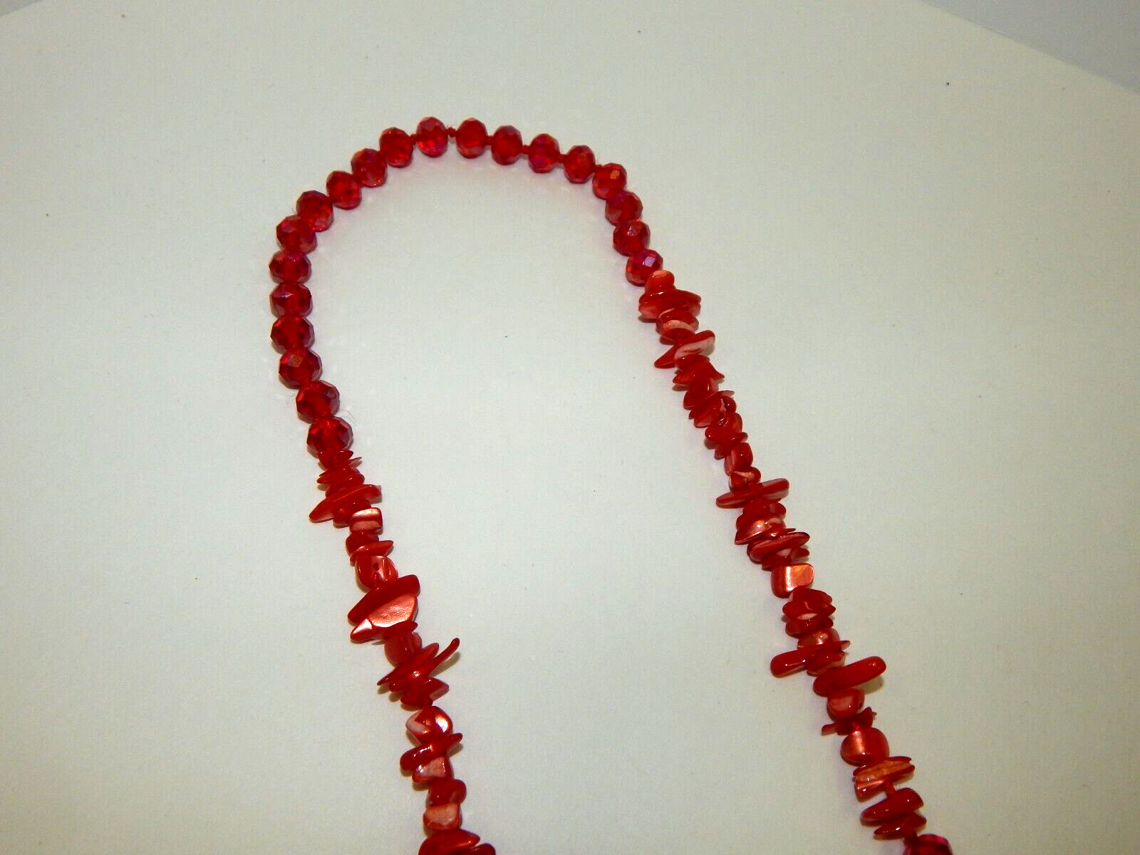 Coral Pink Abalone & Fuchsia Red Aurora Borealis Crystal Beaded Necklace Knotted