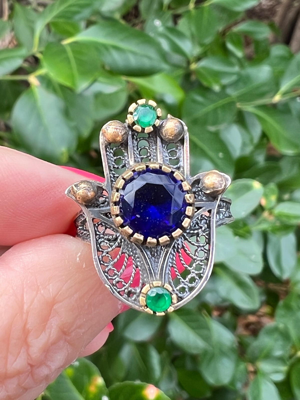 VINTAGE HAMSA VIVID BLUE GREEN PASTE GLASS STONES 925 STERLING SILVER UNIQUE
