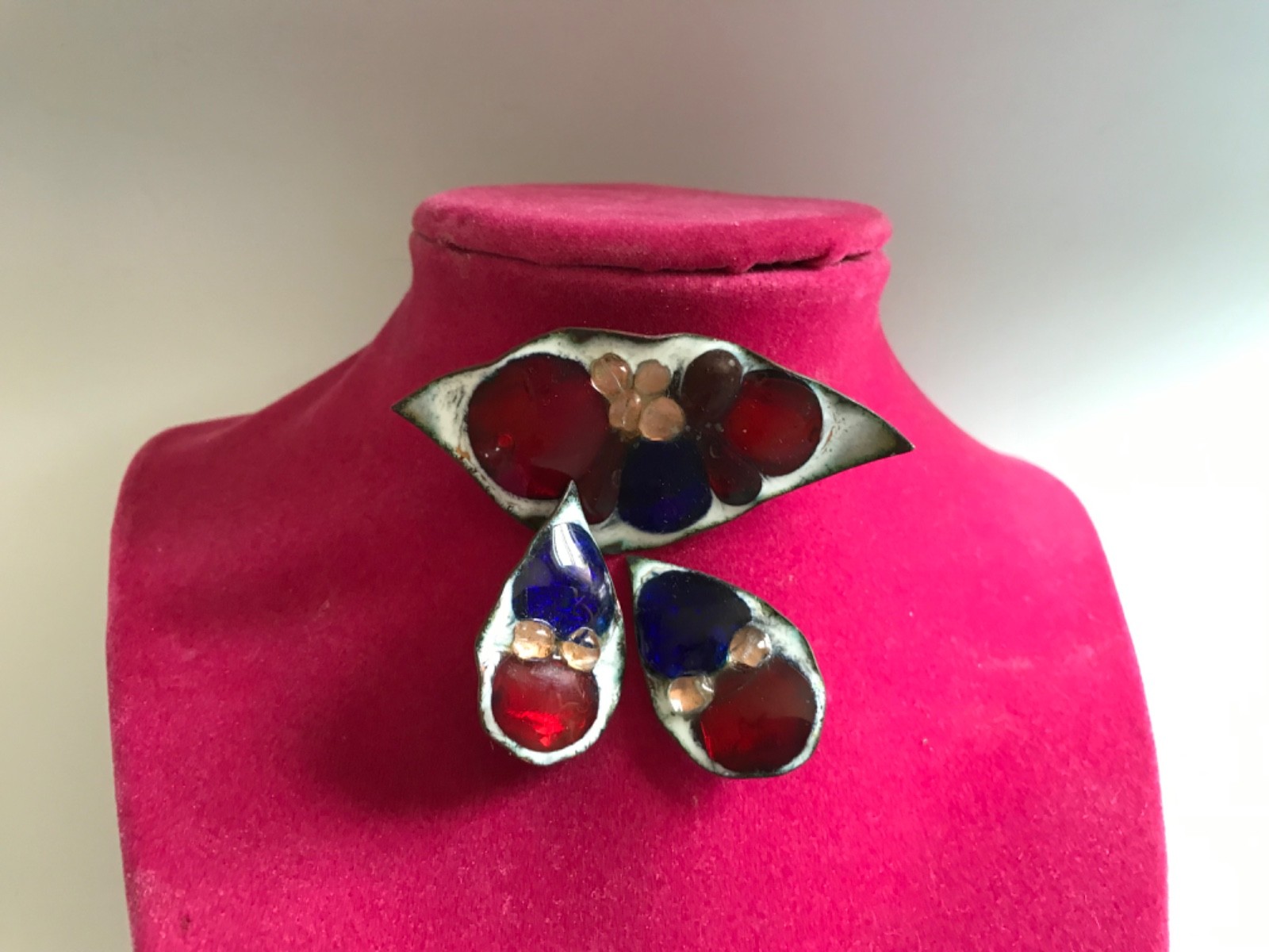 VNTG BERYL SHELDON COPPER & ENAMEL ABSTRACT DROPS-BROOCH/EARRINGS SET 1960mcm