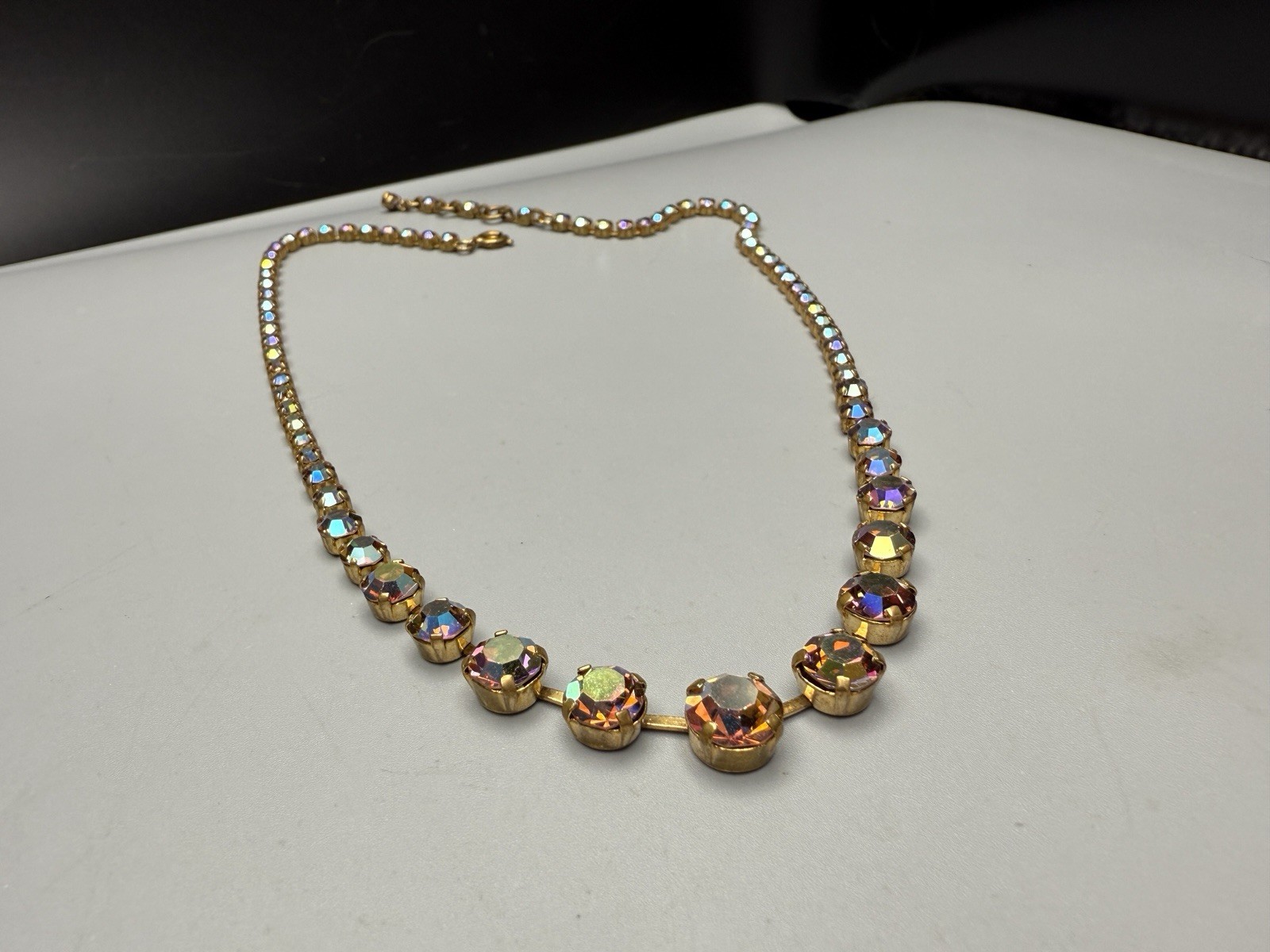 Austrian AB Crystal Rhinestone Necklace Vtg 17.5-18.5” Graduated Stones 8-3mm