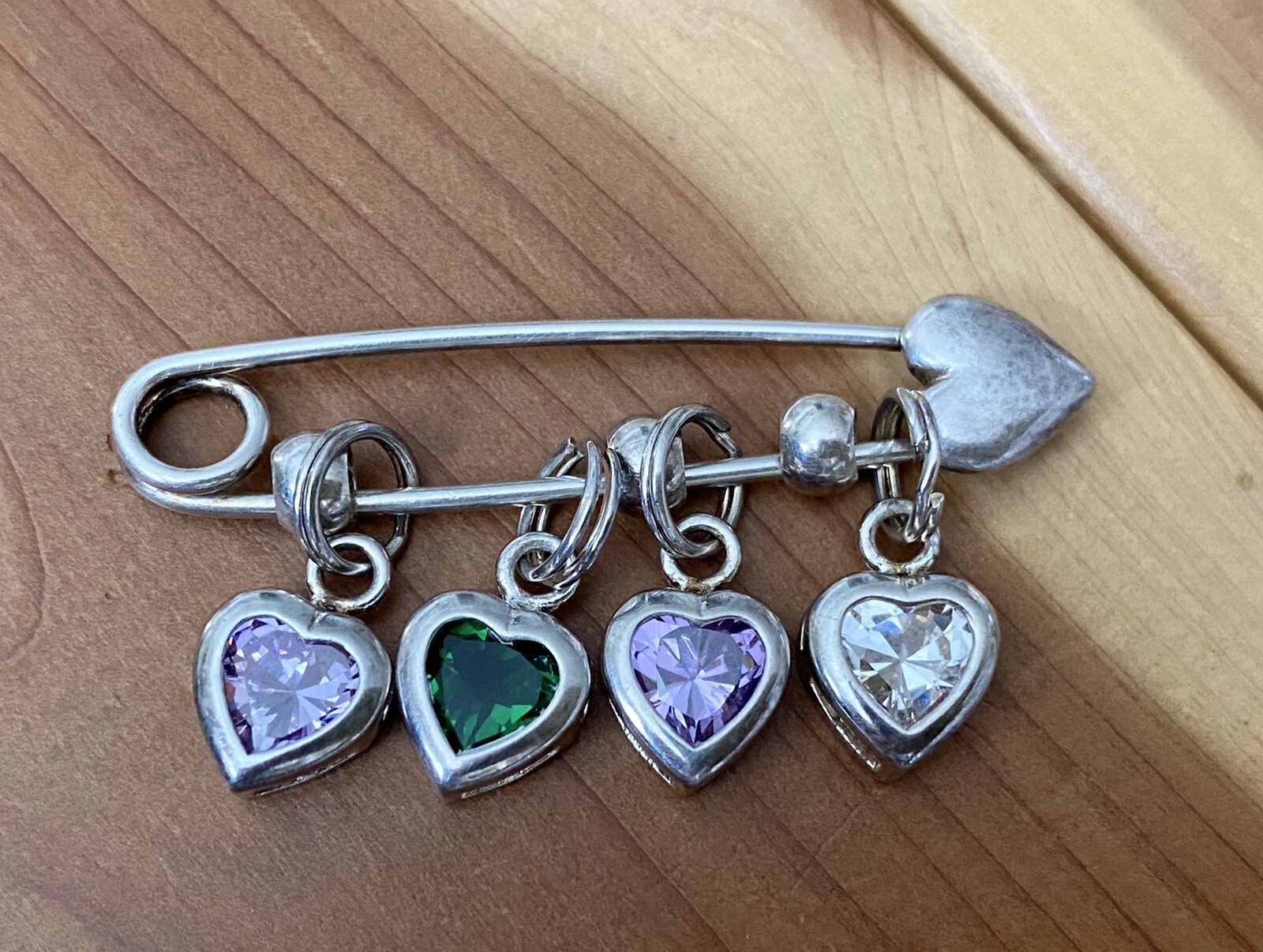 Vintage 925 Sterling Silver Purple, Green & White CZ Heart Shaped Pin / Brooch