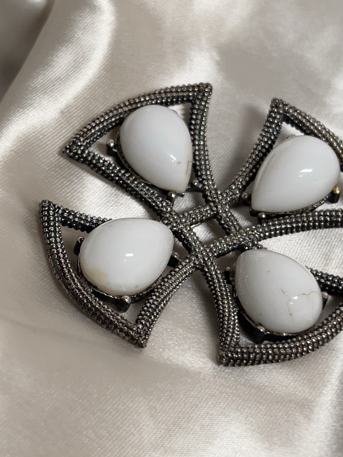 Vintage Tortolani Silver Tone Brooch – Cross Design with White Cabochons