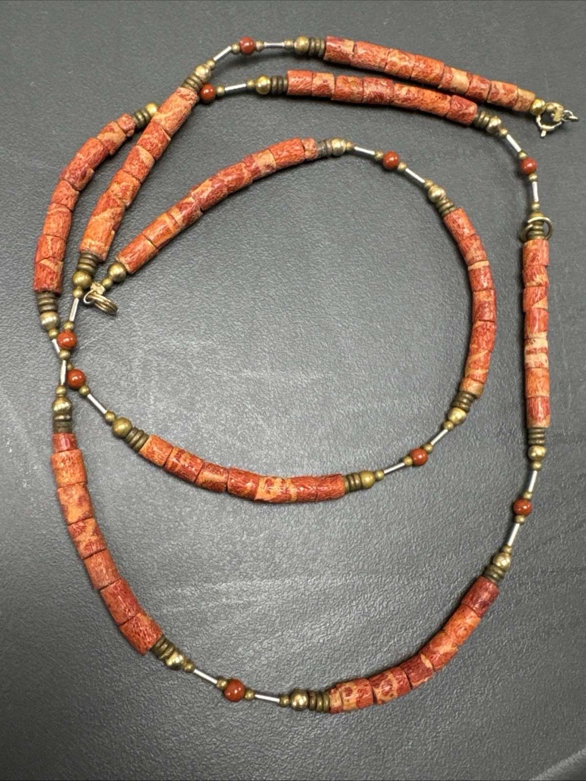 Vintage Natural Red Coral Red / Orange Hue Barrel Shape Gold Spacers 30”Necklace