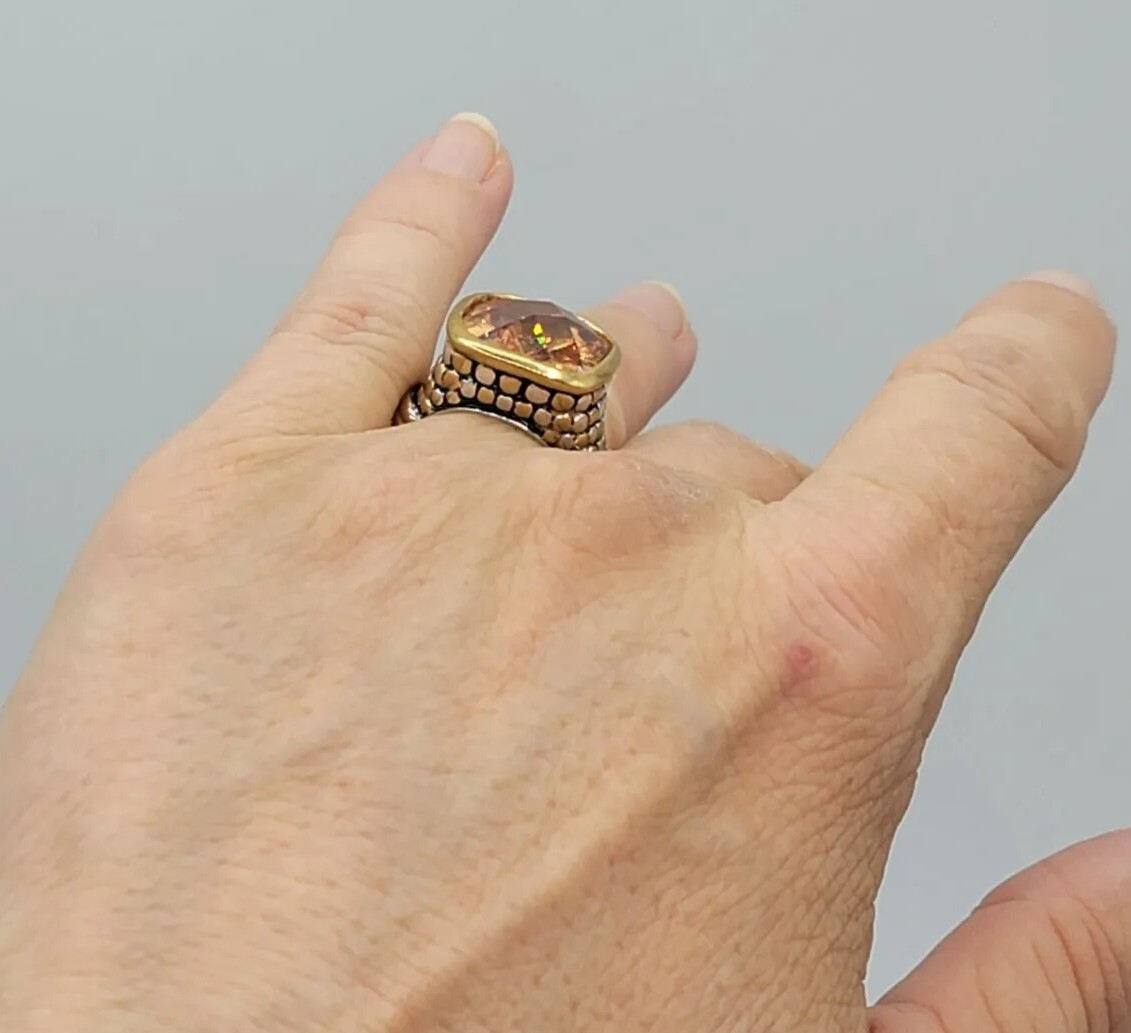 Vtg Sz 7 Ring Lg Citrine Topaz Cubic Zirconia Roman Brutalist Theme Jewelry Dot