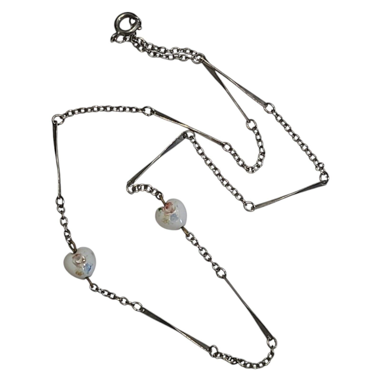 Vintage silver tone Bar Link Chain White Ceramic Hearts Station Necklace 17″