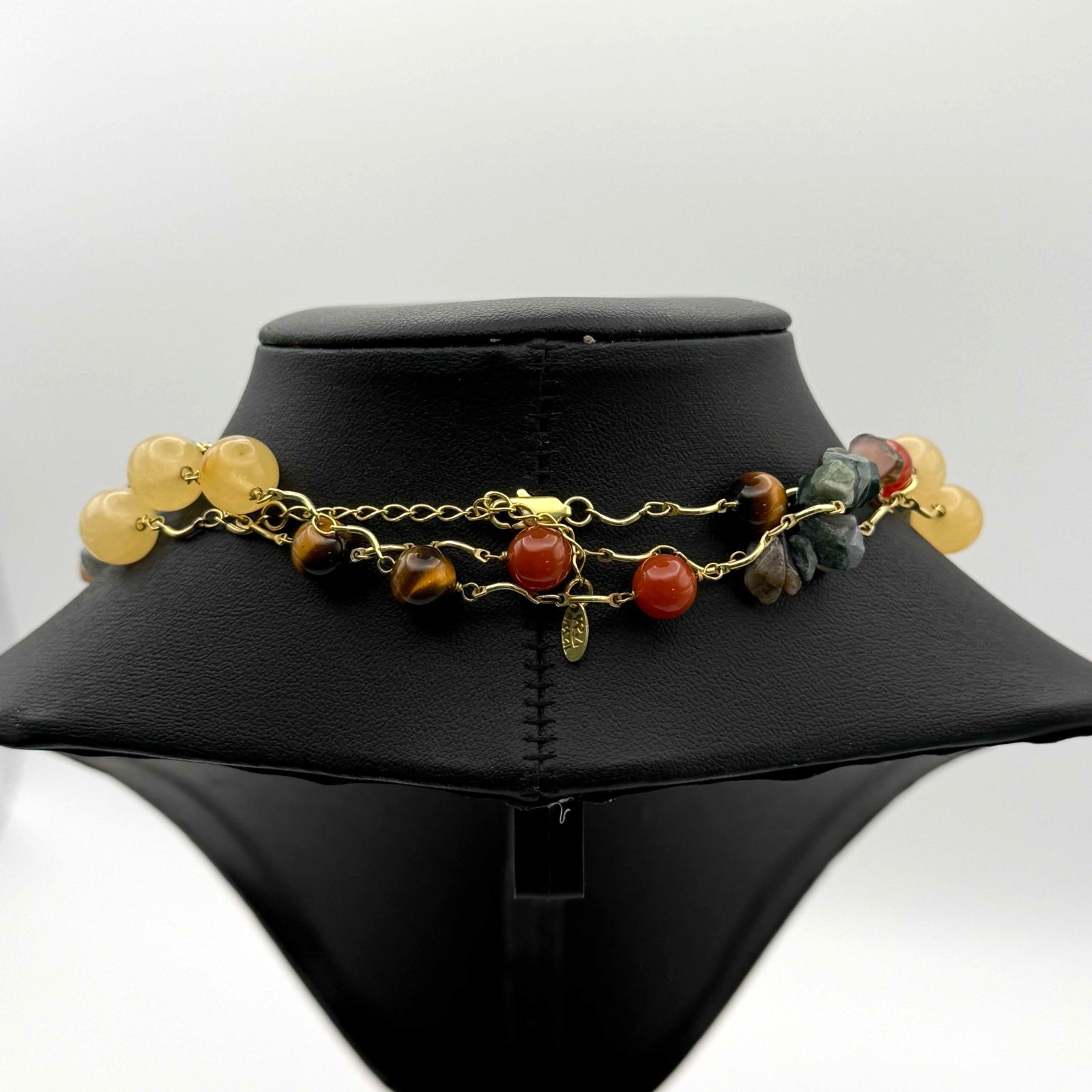 Vtg 44″ Jade, Nephrite & Tiger Eye Natural Stone Necklace 14K GP (YAK-35-2)