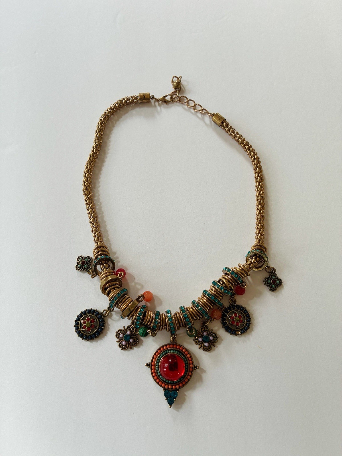 Vintage Boho Moroccan Statement Necklace Ornate Gold Red Turquoise Charm