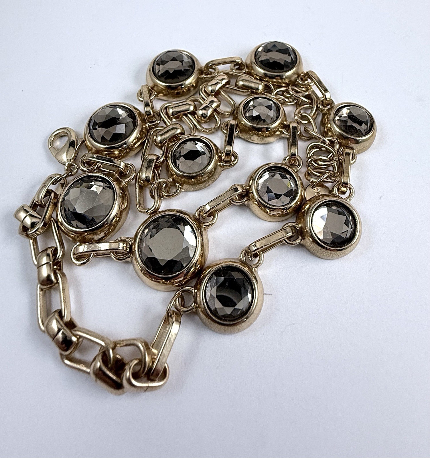 Vintage COLDWATER CREEK Smokey Gray Rhinestone Station Gold Tone Necklace 22″