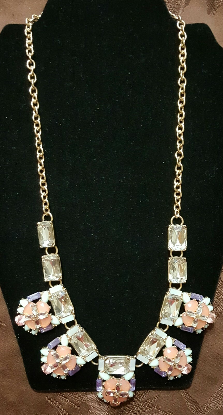 Vintage Clear Rhinestone & Pastel multi color stone Statement Necklace Gold Tone