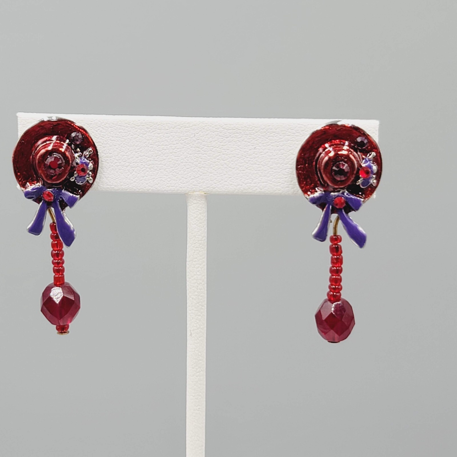Vintage Red Hat Society Pierced Earrings Enamel Dangle 1.5″