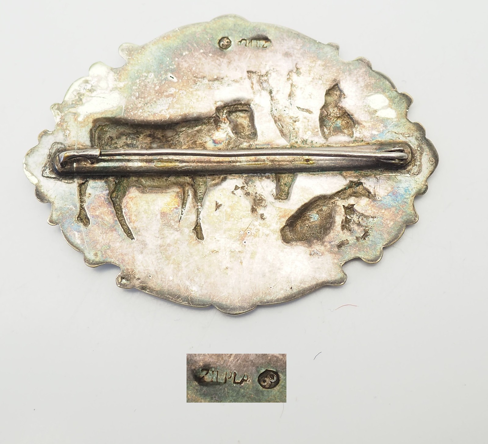 Zilpla 90 plate silver cow sheep farming scene antique repousse pin