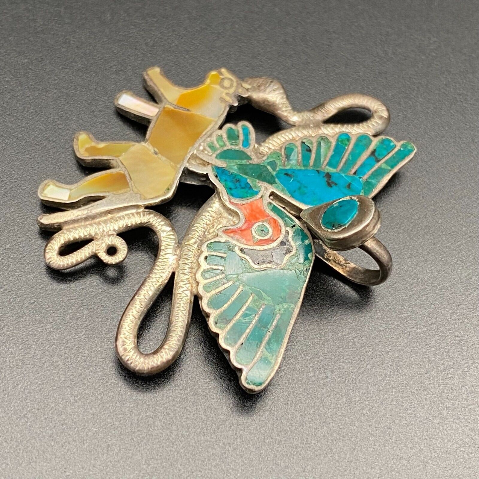 Vintage Eagle Snake Jaguar Turquoise MOP Inlay 950 Sterling Silver Pendant