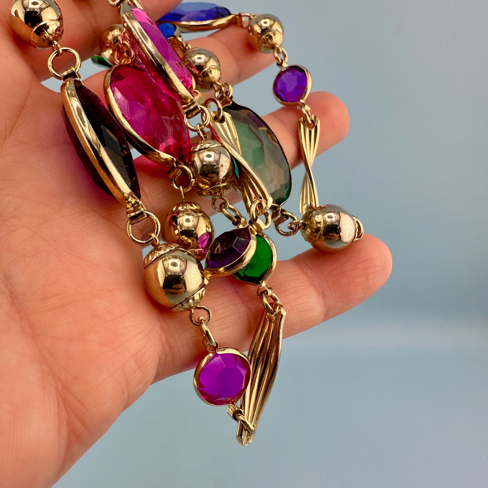 Vintage Open Bezel Lucite Necklace Gold Tone Multicolor Oval Round Faceted