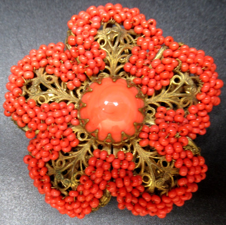 MIRIAM HASKELL Orange Glass Beaded Flower Vintage Pin Brooch