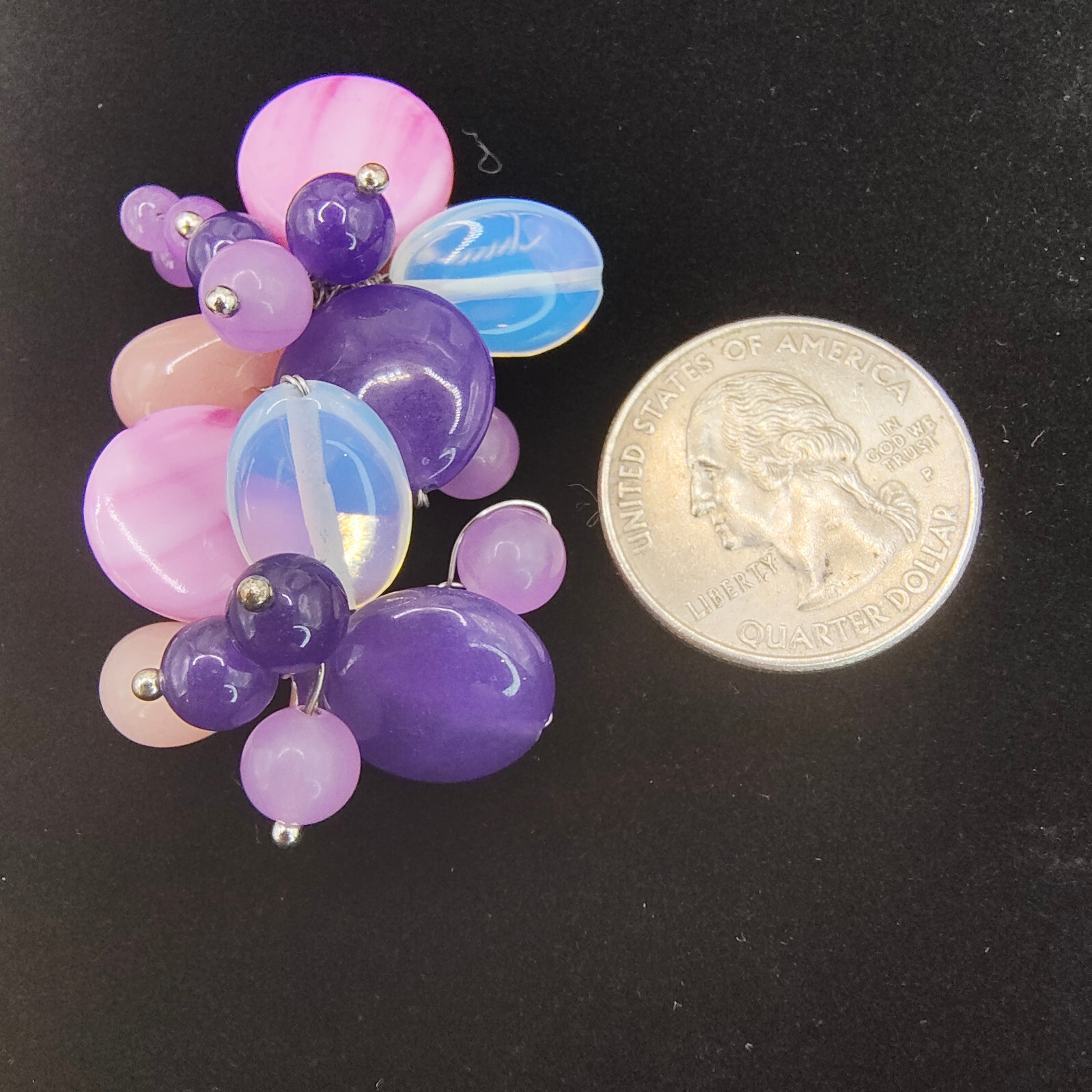 Chunky Purple Art Glass Brooch Pin Silver Tone Glass Beads Cluster Wire Abstract