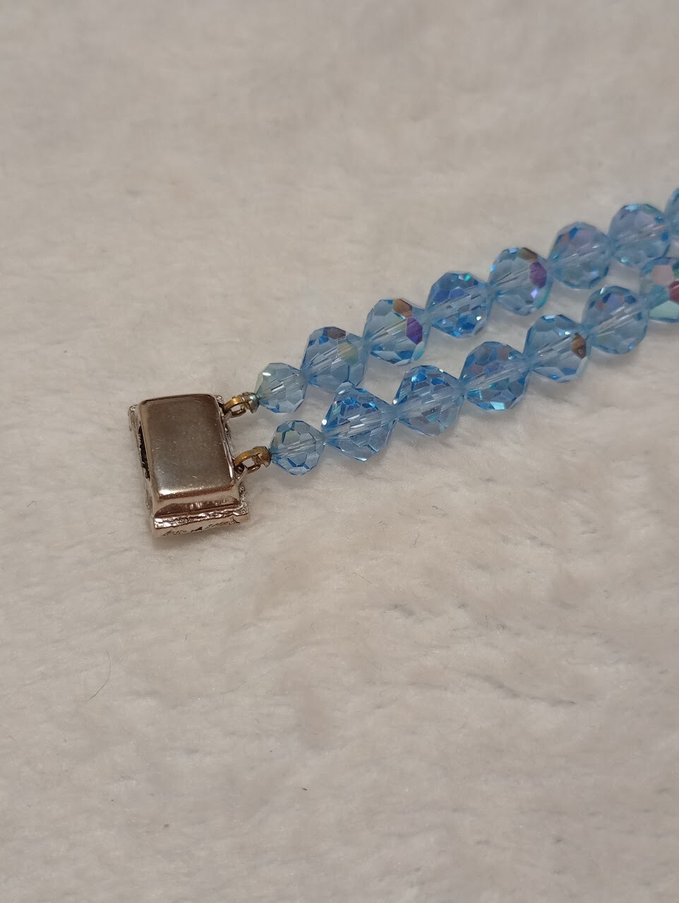 Vintage Beaded Bracelet 2 Strand Blue Glass/Crystal Beads Fancy Box Tab Clasp