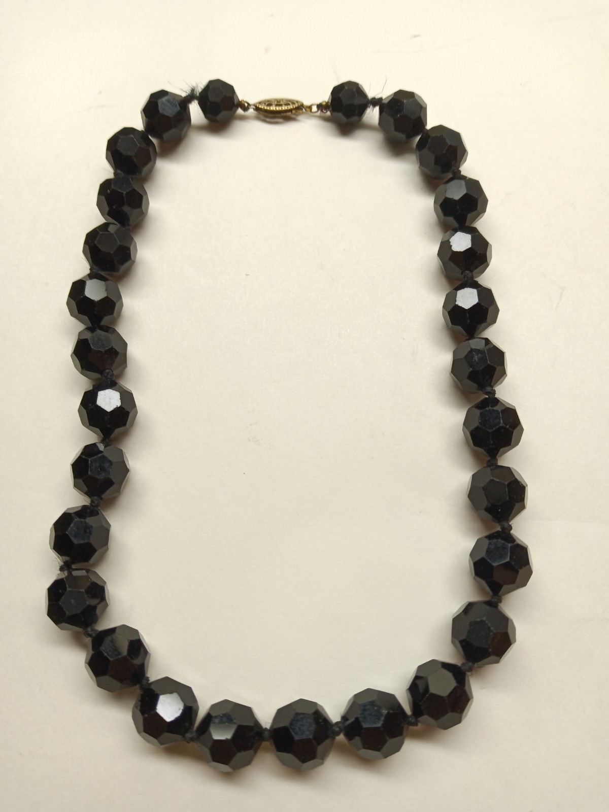 Vintage Black Onyx Faceted Beaded Necklace 64 grams 16” Gold-Tone Fishhook Clasp