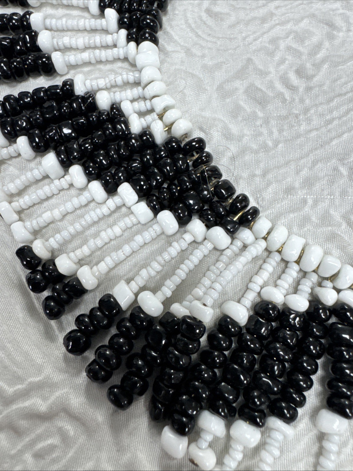 Vintage Monochrome Black & White Beaded Collar Necklace Bib Fringe Statement 16”