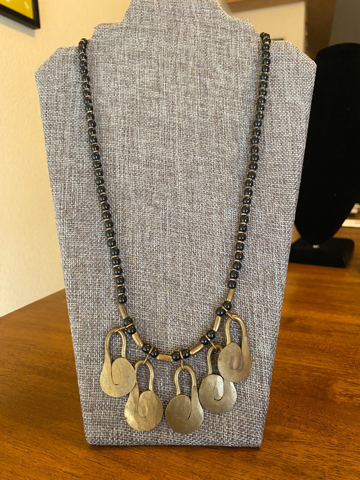 Vintage Black Onyx Bead & Hammered Brass Charm Pendant Necklace Artisan