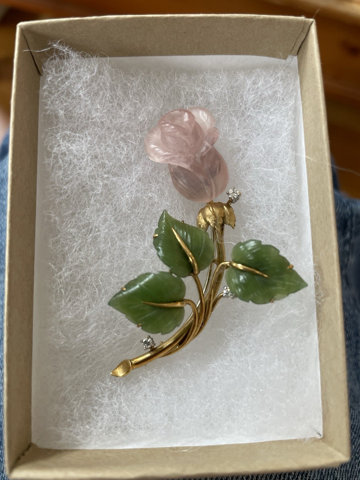 Stunning Vintage 750 18k Gold Jade Diamonds Rose Quartz Pin 13 Grams Rosebud