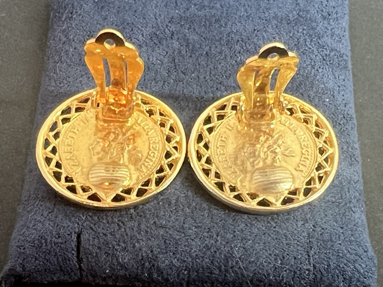 Gay Boyer Vintage Queen Elizabeth II Clip On Earrings Gold Tone 1”