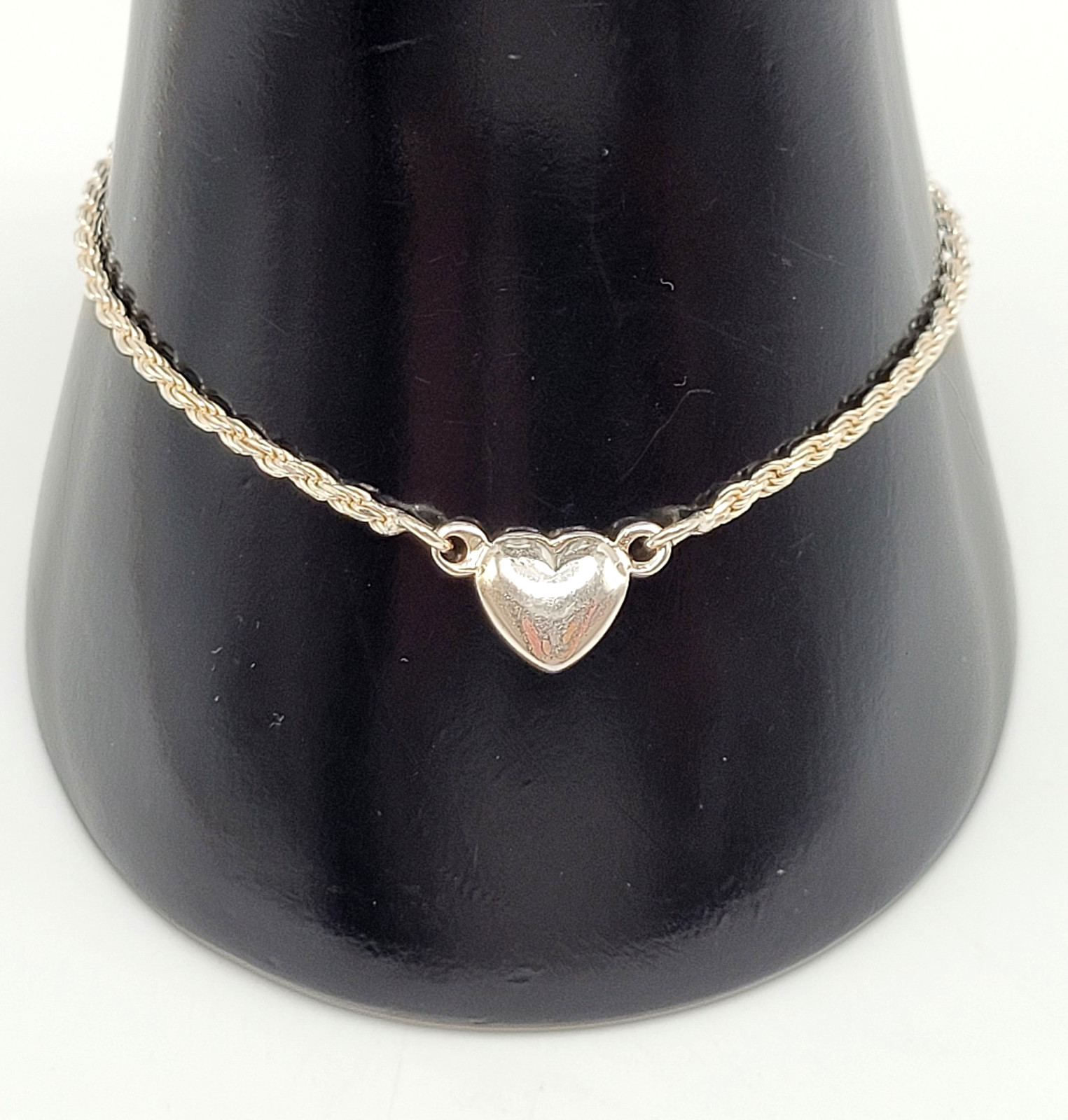 Minimalist Dainty Puffed Heart Station 925 Sterling Rope Chain Bracelet 7.25 in