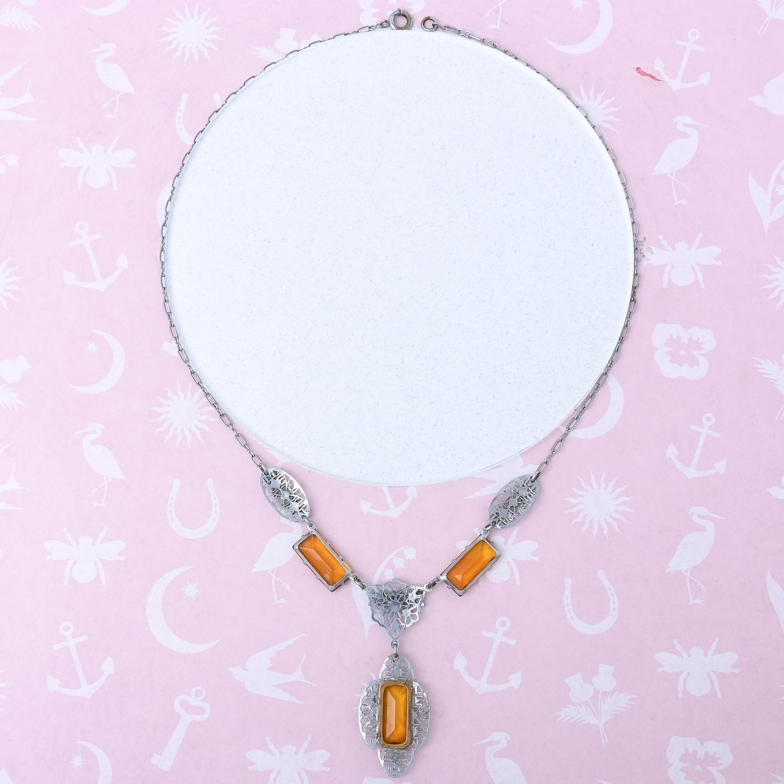Vtg 1930s Art Deco Silver Filigree Rhodium Plate Flower Glass Enamel Necklace