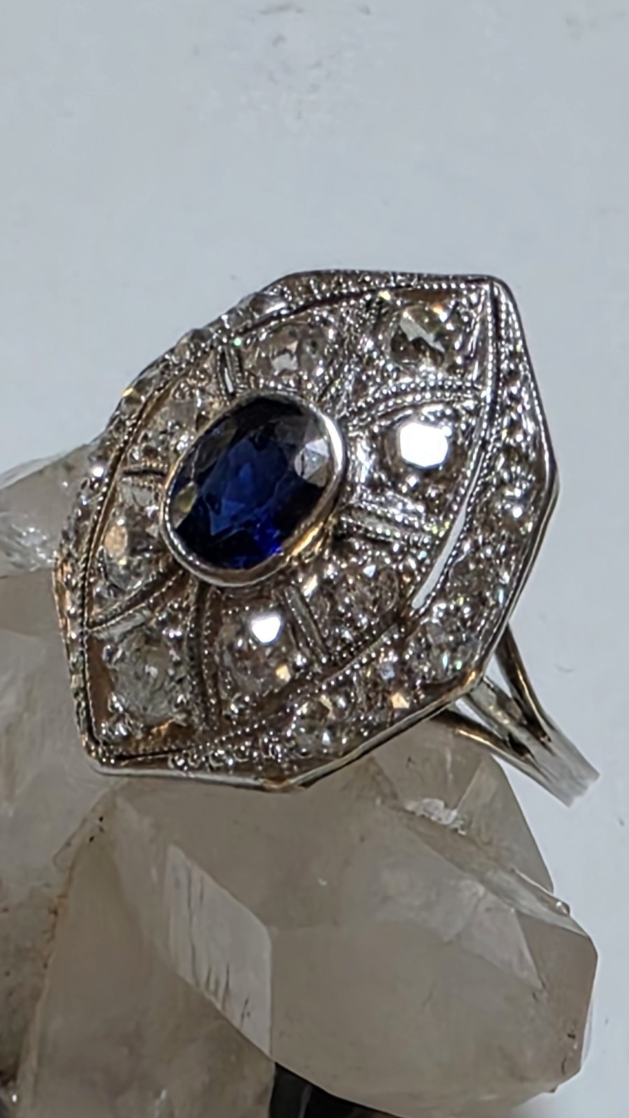 Antique Platinum Old European And Mine Cut Diamonds Blue Synthetic Sapphire Ring