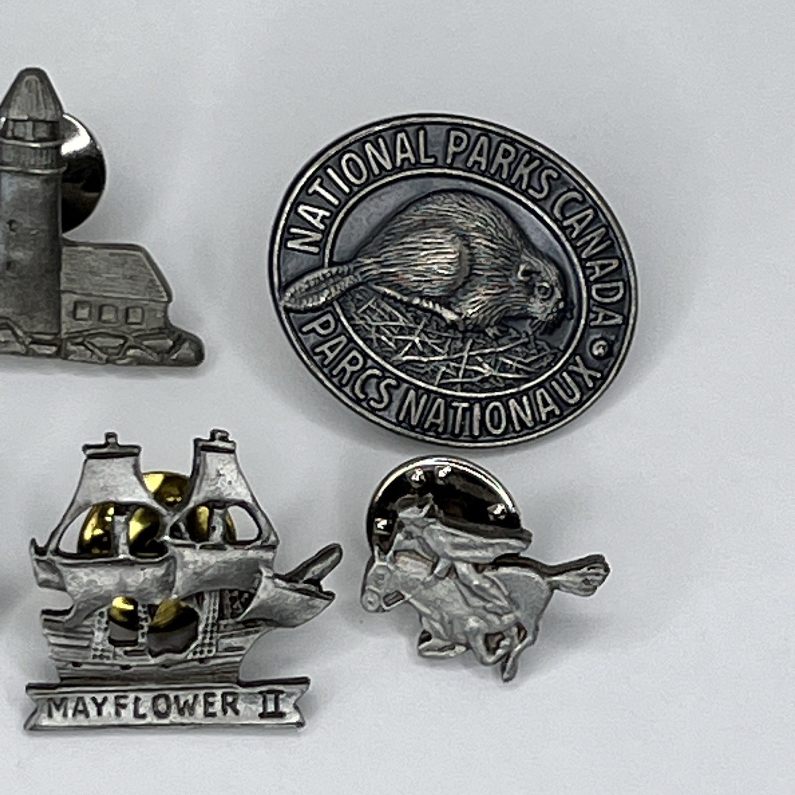 Vintage Mixed Lot 6 Pewter pins Shame Lighthouse Paul Revere Mayflower more SLX