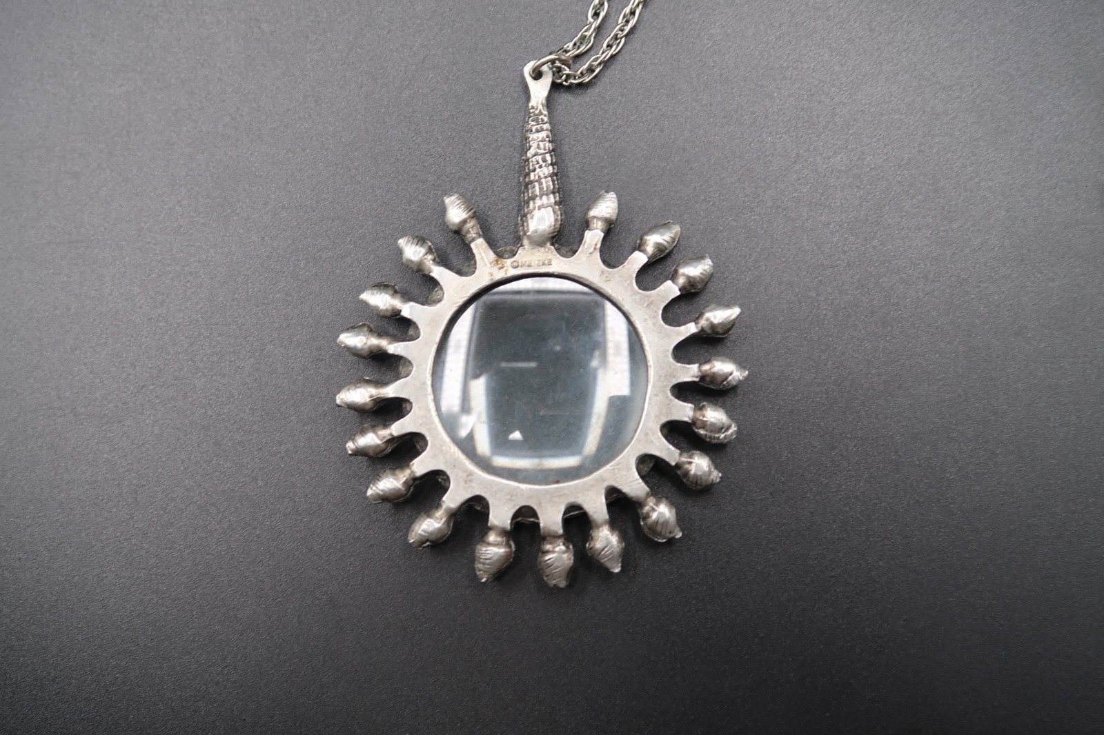 Vtg Pewter Sunburst Magnifying Loupe Pendant Necklace Metzke Signed Shell Bail