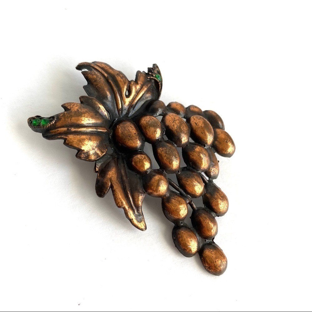 Vintage Grape Cluster Copper Brooch Green Stones
