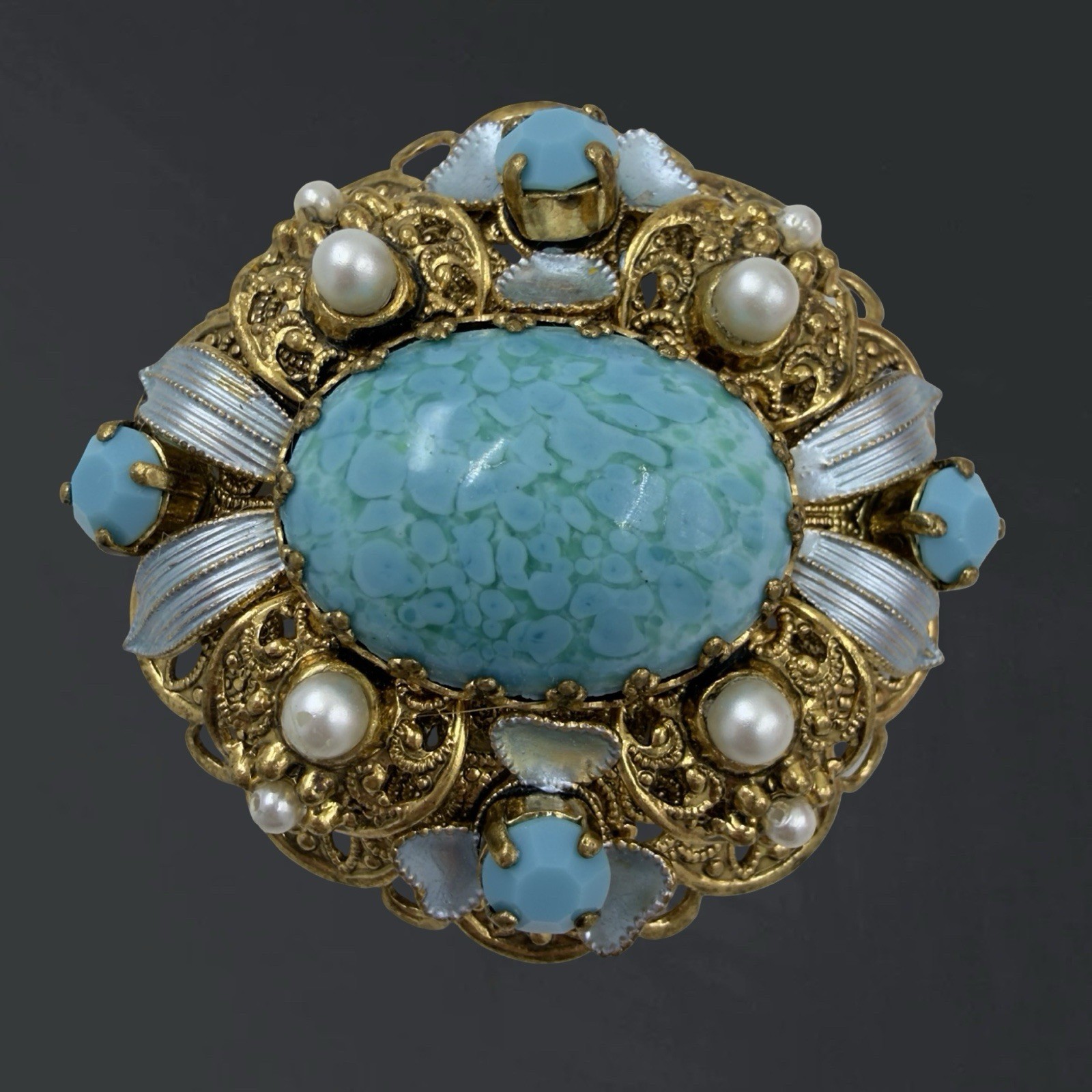 Vintage SIGNED 🖤 Western W Germany 🖤 Gold FILIGREE Turquoise Enamel BROOCH PIN
