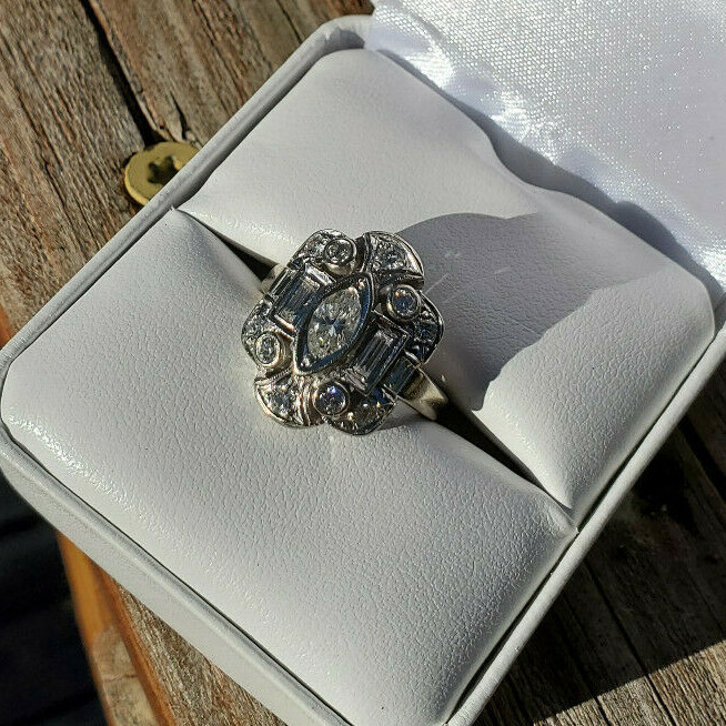 Antique Diamond Shield Ring Art Deco Wedding Ring or Right Hand Ring