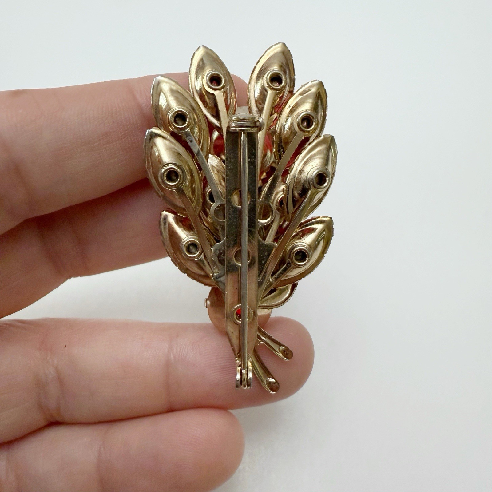Vintage Red Pink AB Glass Rhinestone Flower Floral Spray Brooch Pin Goldtone