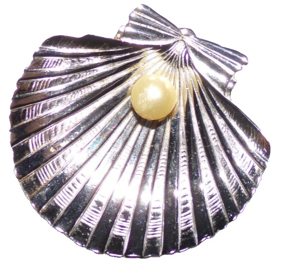 CROWN TRIFARI signed clamshell shaped pin with faux-NICE!!