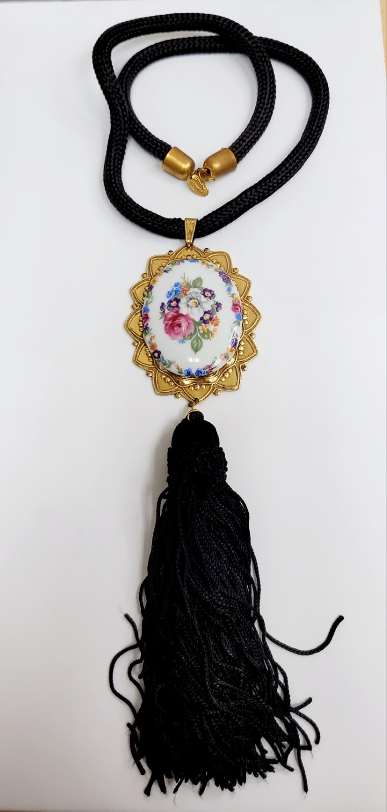 Vintage Miriam Haskell Necklace Large Floral Pendant On Black Cord With Tassel