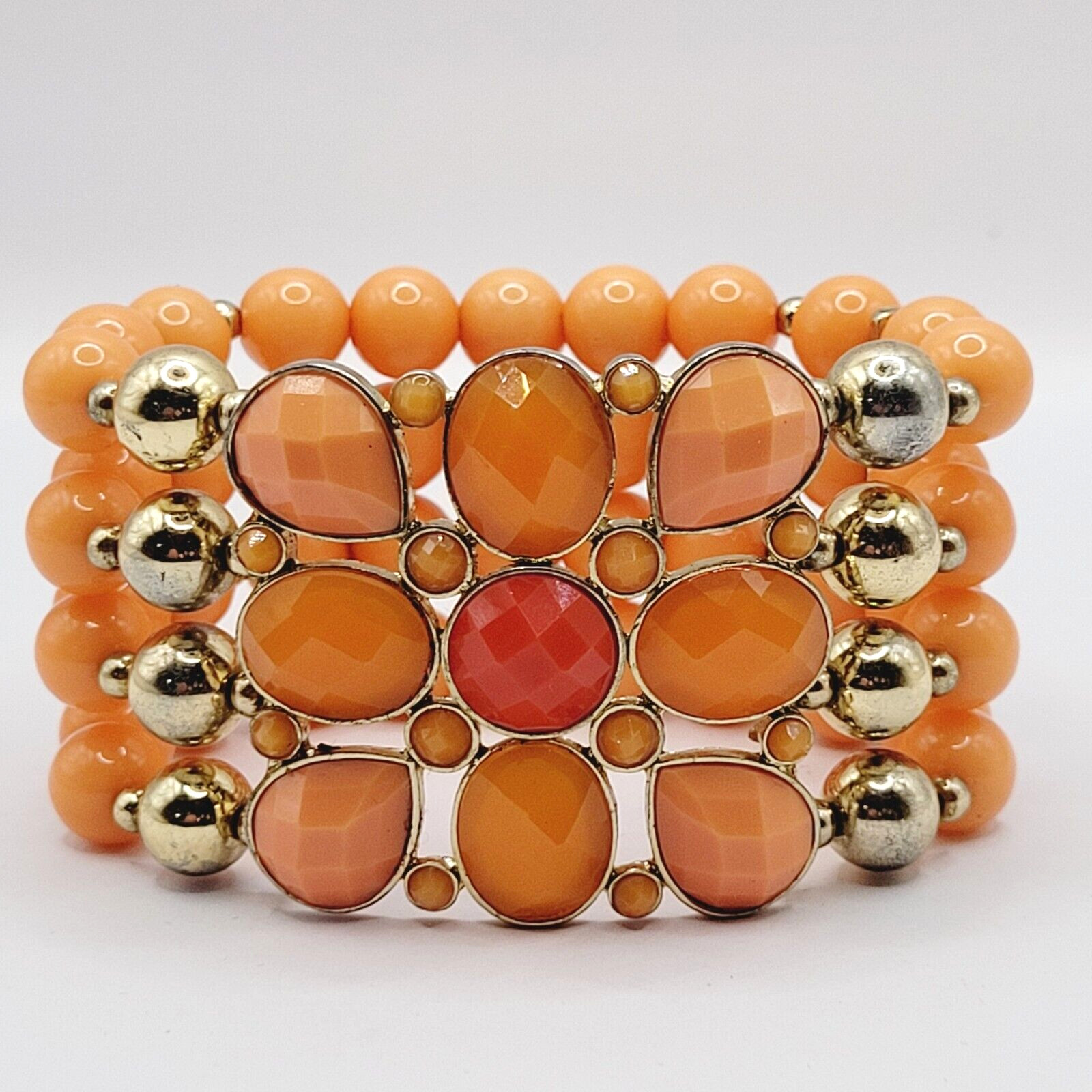 Orange Sherbet Melon Shade Wide Chunky Stretch Beaded Bangle Vintage Bracelet