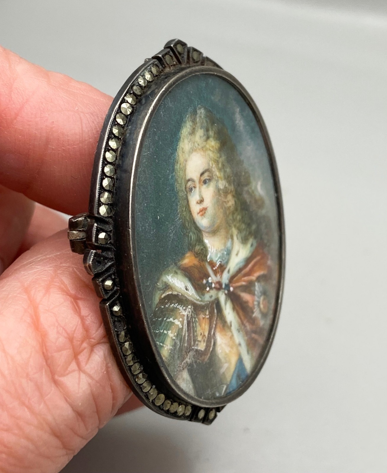 Antique Sterling Portrait Miniature Yong August II the Strong Brooch Pendant