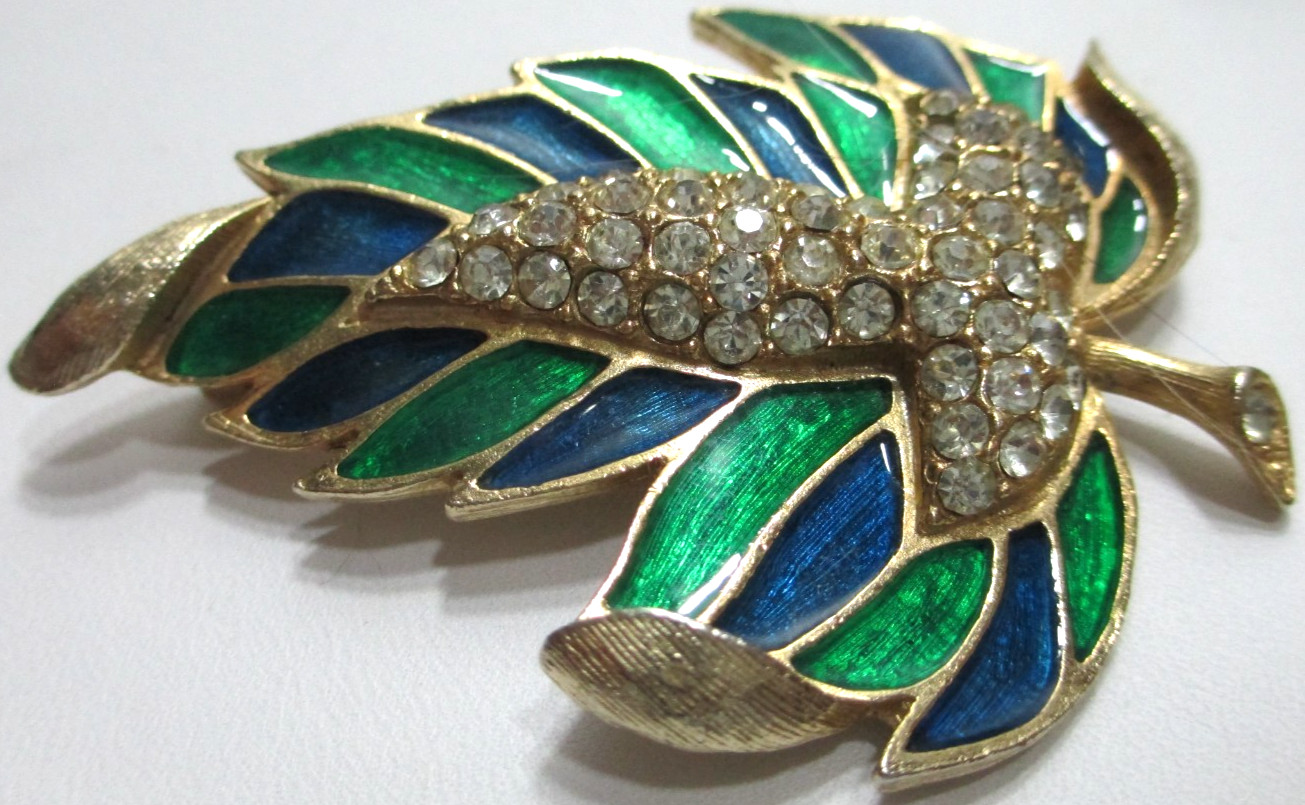 Vintage Weiss Brooch Pin Leaf Green Blue Enamel Pave Rhinestones 2 1/2″