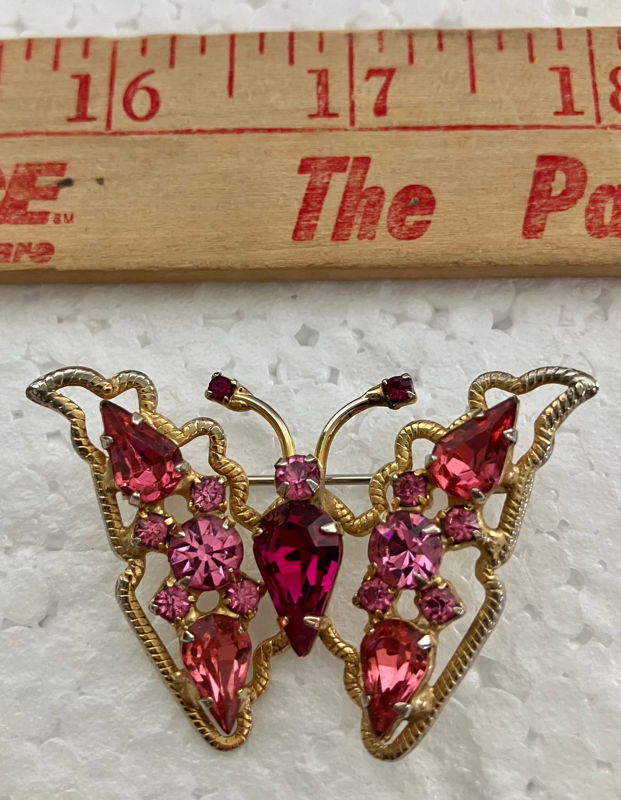 VTG WEISS Signed Gold Tone Butterfly Pin Brooch Pink Bug Estate Sale Rhinestone